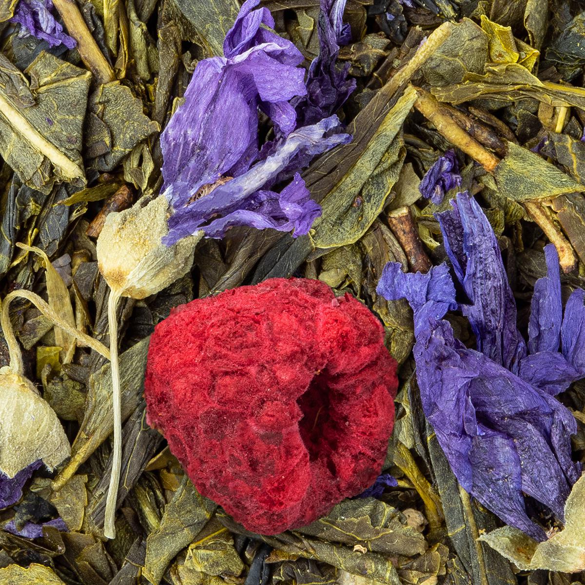 Grüntee Jardin de Paris, Geschmack Himbeere und Veilchen – Made in Thé, Nahaufnahme