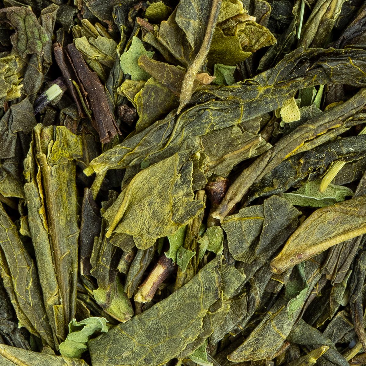Bio Grüntee Menthe Douce, Geschmack Minze – Made in Thé, Nahaufnahme