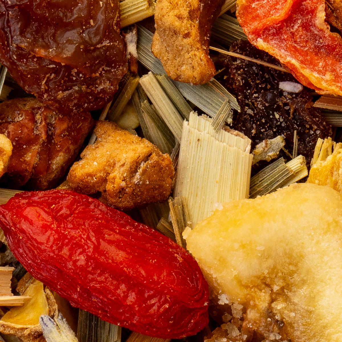 Früchtetee Exotisch, Geschmack Papaya und Pfirsich – Made in Thé, Nahaufnahme