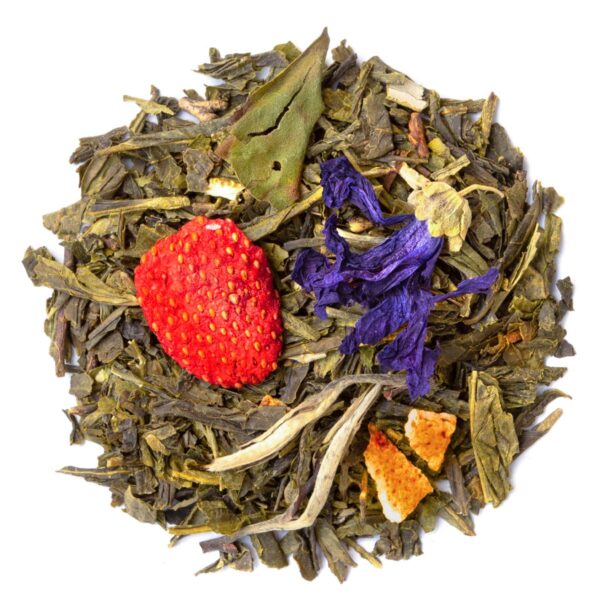 Thé Vert Douceur d’un Instant Bio saveur Fraise, Orange et Violette par Made in Thé - Vue de haut