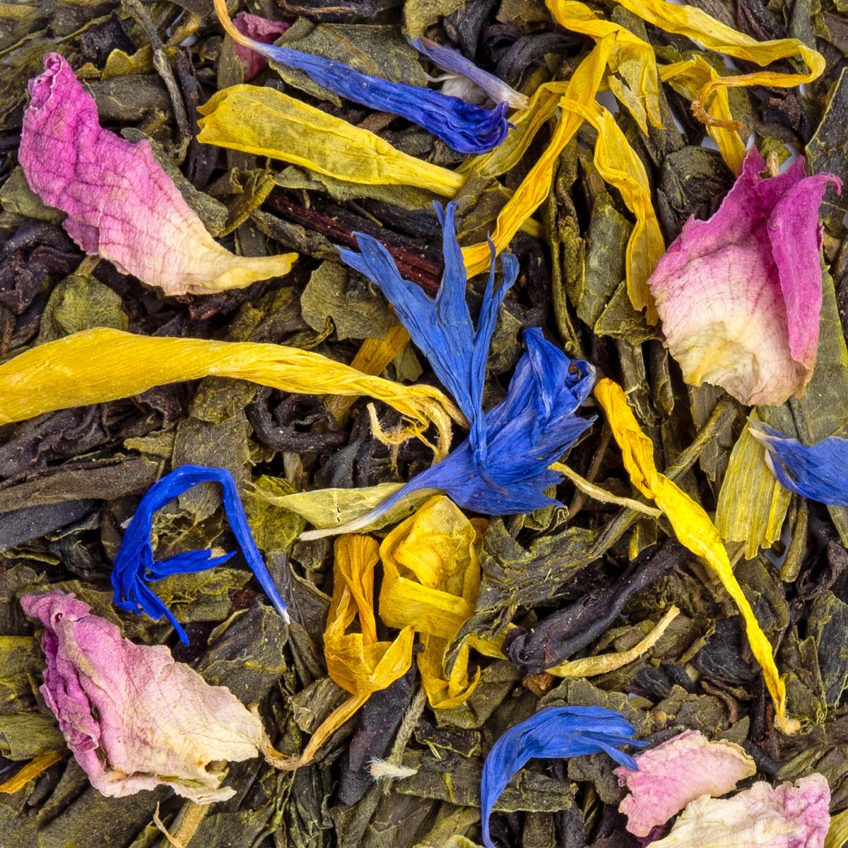 Bio Grüntee Mille et une Nuits, Geschmack Mango, Orange und Rose – Made in Thé, Nahaufnahme