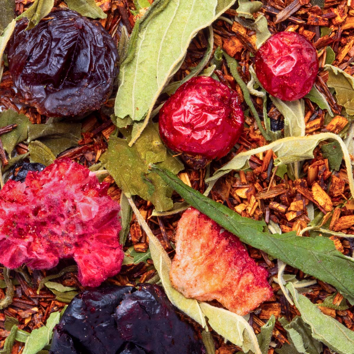 Bio Hanf-Kräutertee Rote Früchte, Geschmack Rote Früchte – Made in Thé, Nahaufnahme
