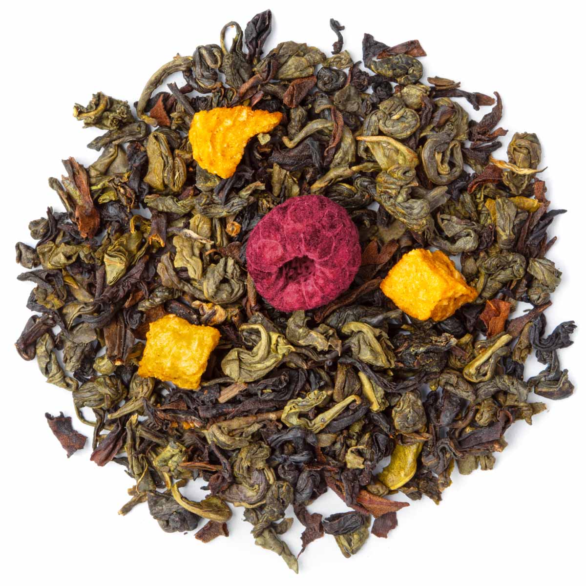 Bio Schwarztee Délice Pfirsich-Himbeere, Geschmack Acerola, Himbeere und Pfirsich – Made in Thé, Draufsicht