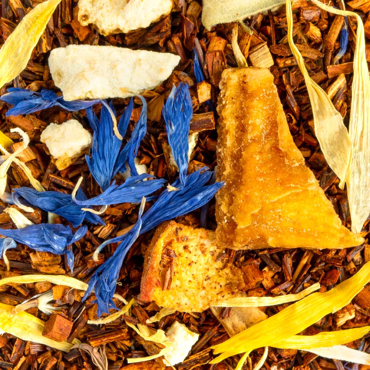 Bio Rooibos Jardin Tropical, Geschmack Aprikose, Mango und Orange – Made in Thé, Nahaufnahme