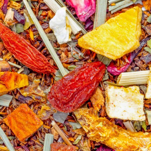Bio Rooibos Secrets d’Afrique, Geschmack Mango, Minze und Zitrone – Made in Thé, Nahaufnahme