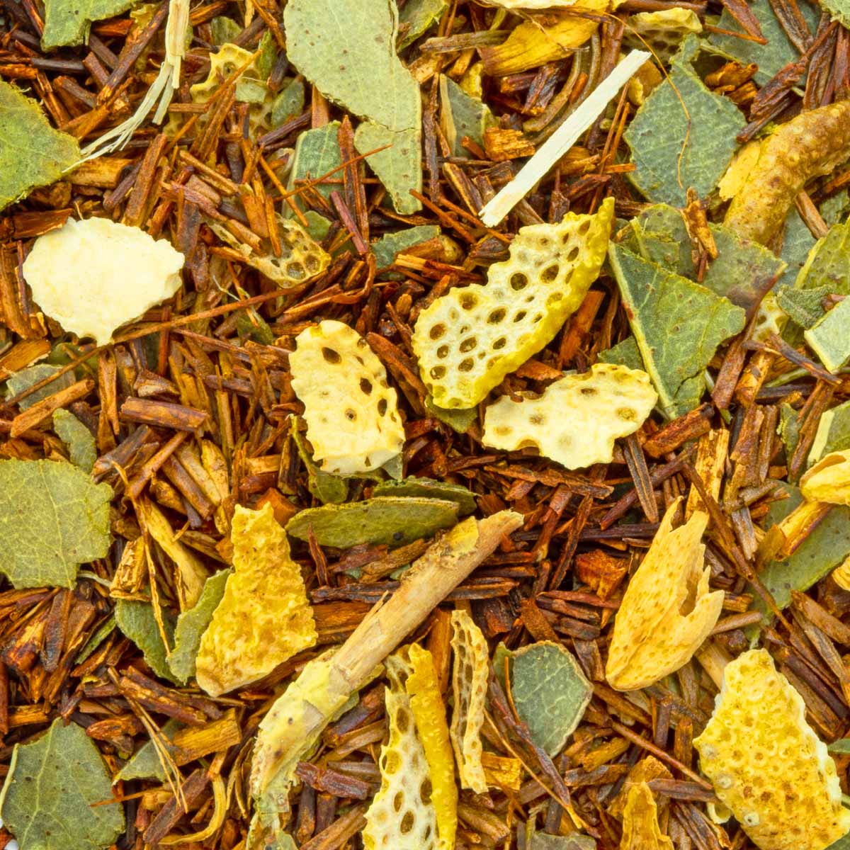 Rooibos Eukalyptus lose, Geschmack Orange und Eukalyptus – Made in Thé, Nahaufnahme