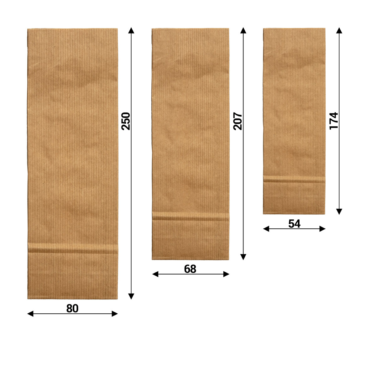 Blockbodenbeutel aus braunem Kraftpapier, alle Größen nebeneinander