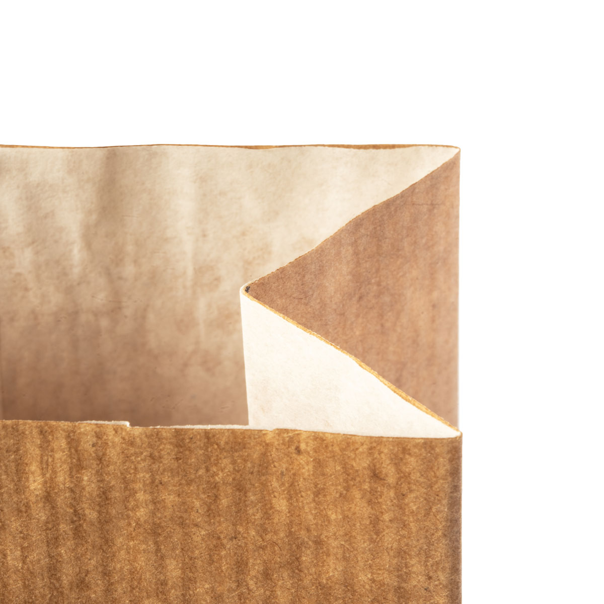 Blockbodenbeutel aus braunem Kraftpapier, Blick ins Innere
