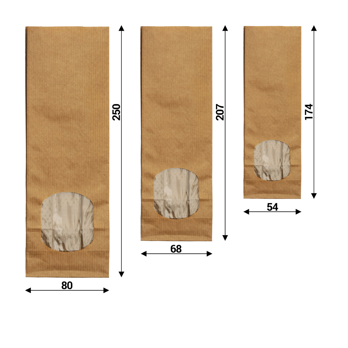Kraftpapier-Blockbodenbeutel mit Sichtfenster, alle Größen nebeneinander