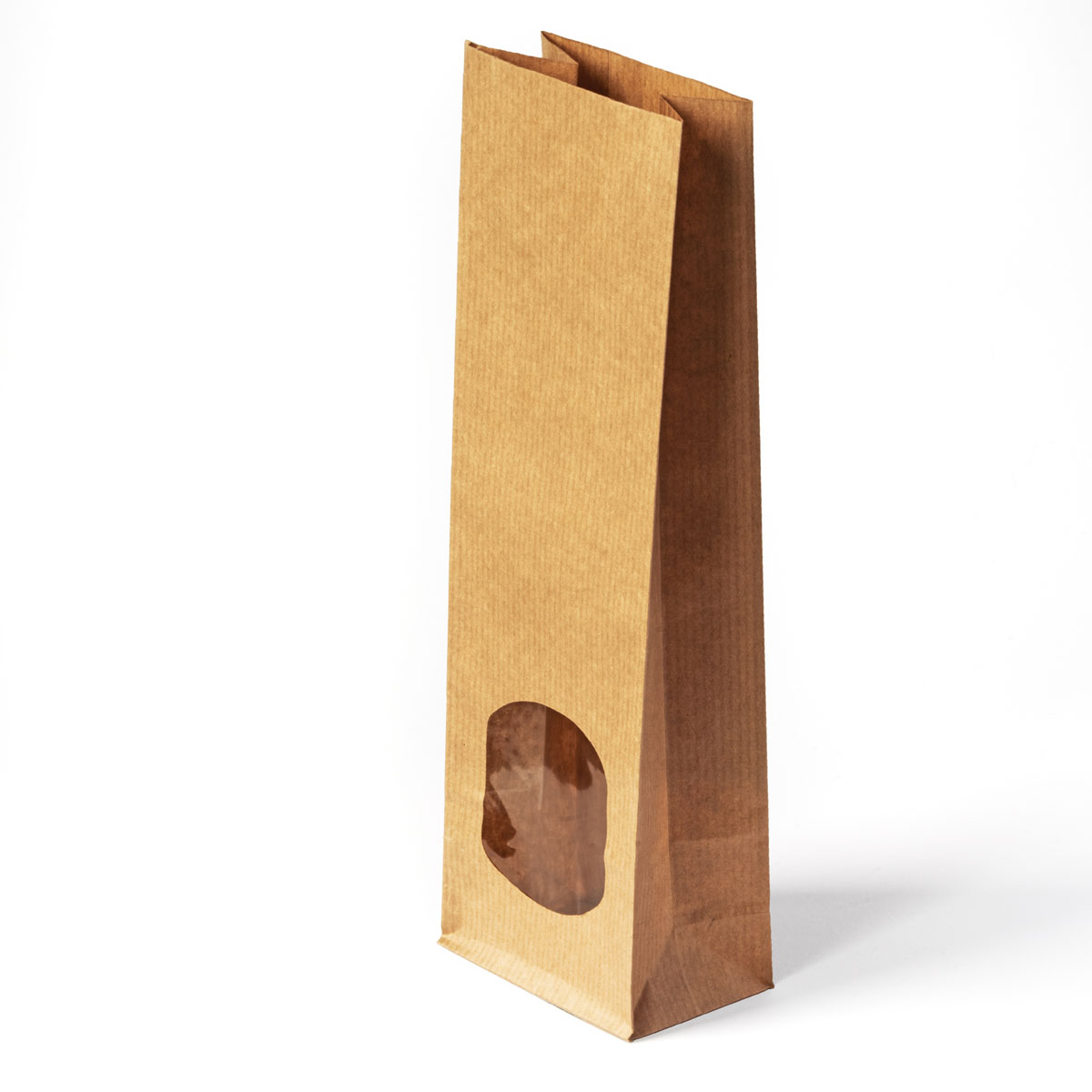 Kraftpapier-Blockbodenbeutel mit Sichtfenster, zweite Seitenansicht