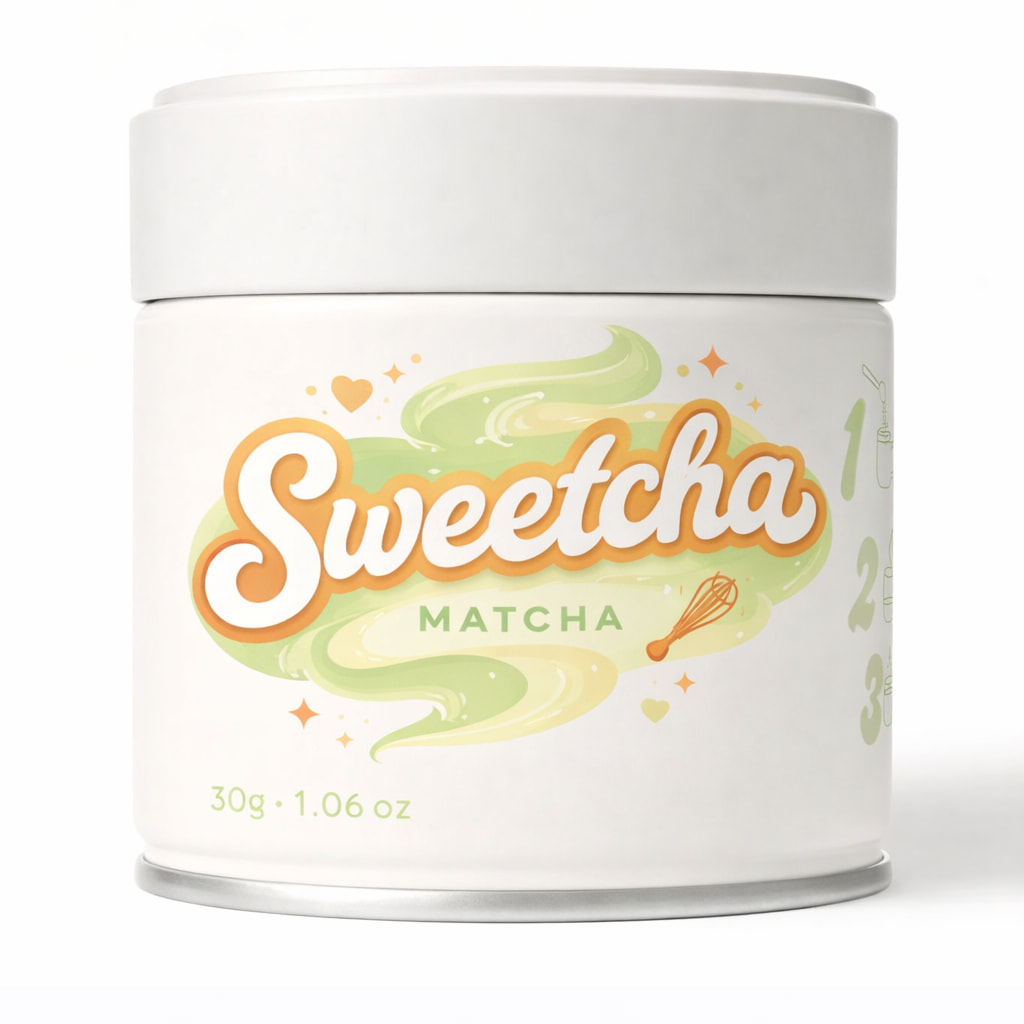 Weiße 30-g-Matcha-Dose mit Beispieletikett Sweetcha