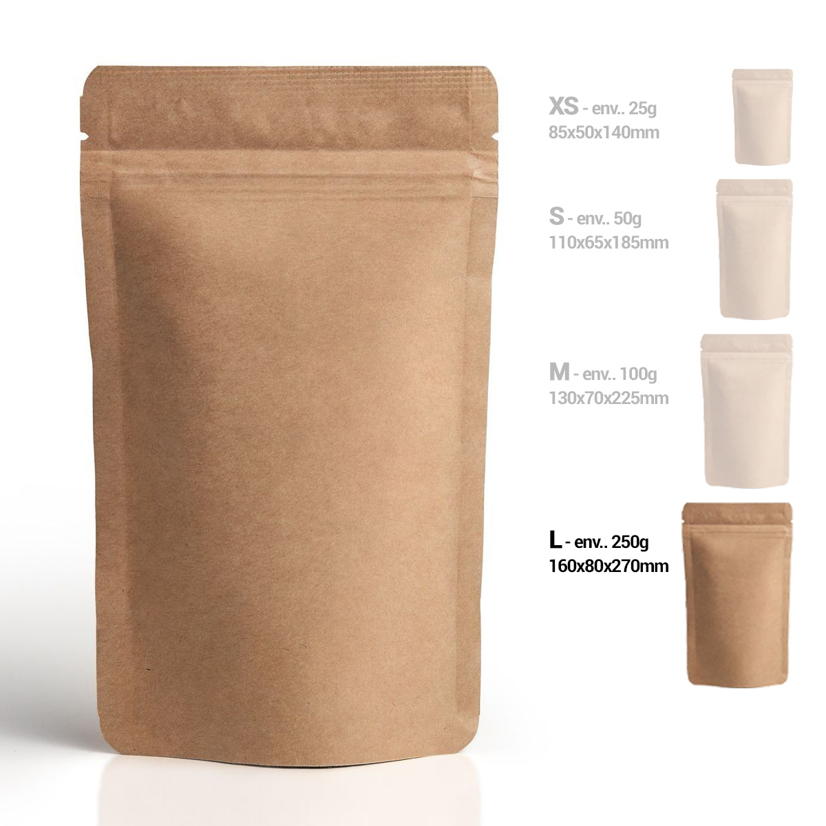 Standbodenbeutel aus braunem Kraftpapier mit Zipper, Größe L