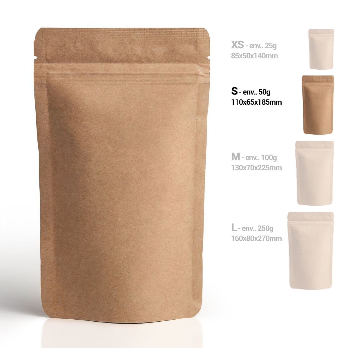 Standbodenbeutel aus braunem Kraftpapier mit Zipper, Größe S