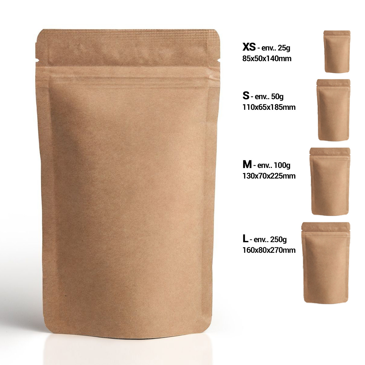 Standbodenbeutel aus braunem Kraftpapier mit Zipper in den Größen XS, S, M und L