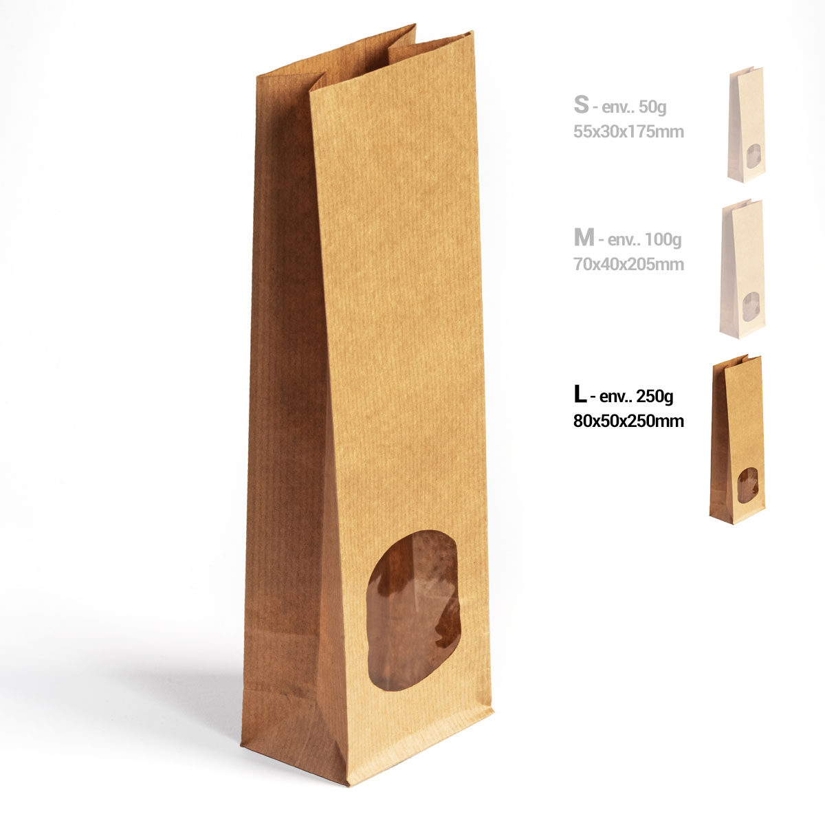 Kraftpapier-Blockbodenbeutel mit Sichtfenster, Größe L, Seitenansicht