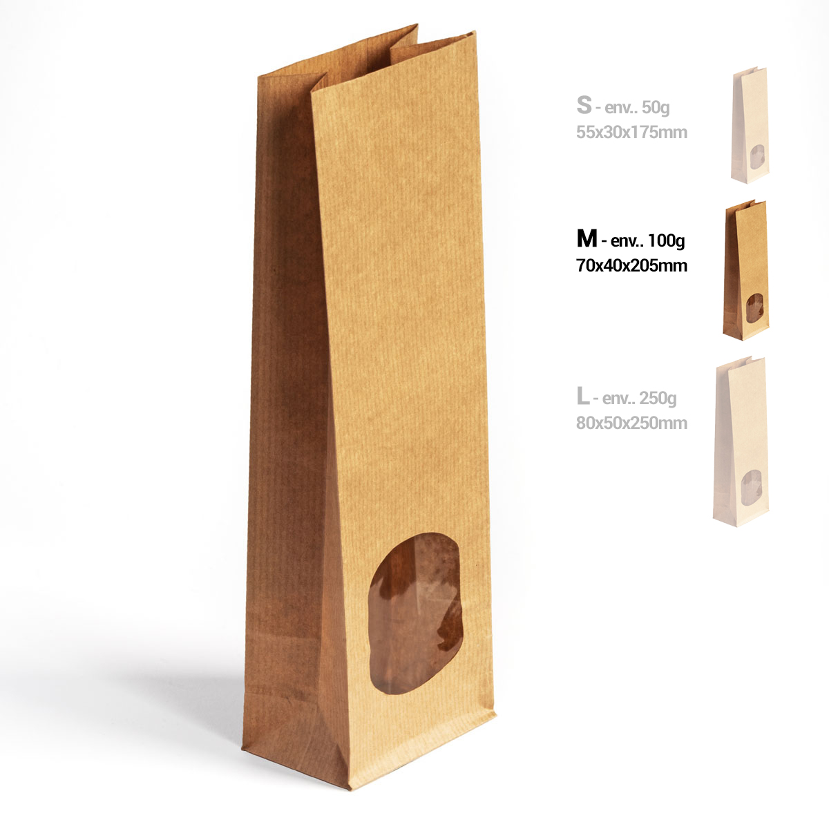 Kraftpapier-Blockbodenbeutel mit Sichtfenster, Größe M, Seitenansicht